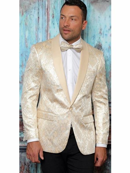 Men'S One Button Floral Designed Shawl Lapel Beige Tuxedo Dinner Jacket