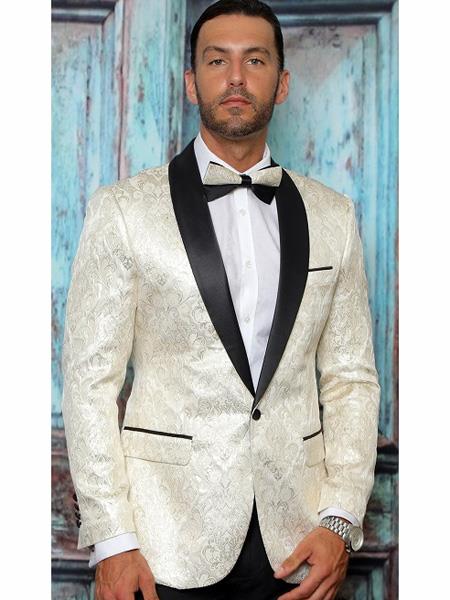 Men's One Button Floral Designed Shawl Lapel Off WhiteTuxedo Dinner Jacket