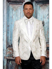 Men's  One Button Shawl Lapel Paisley Pattern White Tuxedo