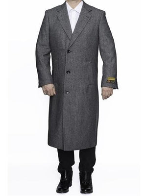 Men's Dress Coat Three Button Full Length Herringbone Gray Overcoat ~ Long Men's Dress Topcoat - Winter coat