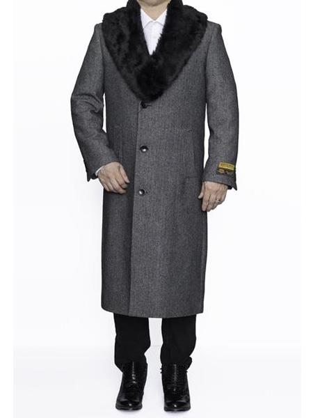 Mens Topcoat Mens Dress Coat Removable Fur Collar Full Length Wool Herringbone Grey Top Coat ~ Overcoat