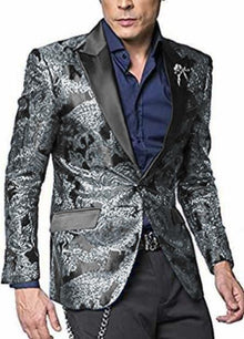Men's 2 Button Paisley Designed Peak Lapel Grey ~ Gray Silver Black / White Sport Coat Blaz