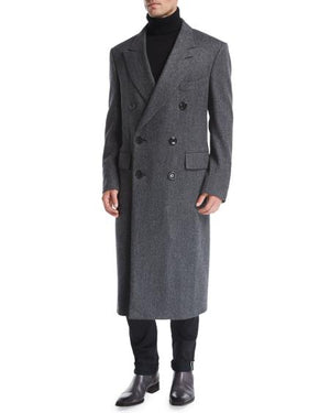 Men's Double-Breasted Herringbone Top Coat Gray