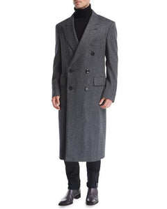 Men's Double-Breasted Herringbone Top Coat Gray