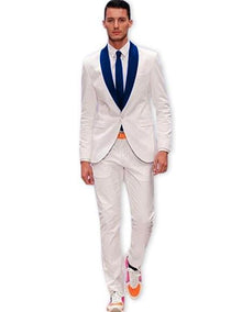Men's White One Button Suit Dark Navy Blue Shawl Lapel