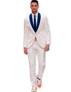 Men's White One Button Suit Dark Navy Blue Shawl Lapel