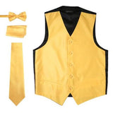 Men's 4PC Big and Tall Dress Tuxedo Wedding Vest ~ Waistcoat ~ Waist coat & Tie & Bow Tie and Hankie Solid Gold