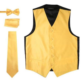 Men's 4PC Big and Tall Dress Tuxedo Wedding Vest ~ Waistcoat ~ Waist coat & Tie & Bow Tie and Hankie Solid Gold