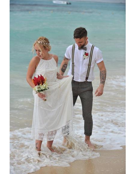 Men's Gray Beach Wedding Attire Suit with Bow Tie