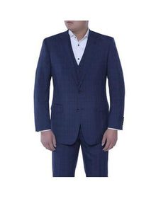 Renoir Suits - Renoir Fashion Verno Men's Dark Navy and Black Plaid Pattern Classic Fit  3-piece Suit