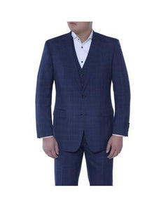 Renoir Suits - Renoir Fashion Verno Men's Dark Navy and Black Plaid Pattern Classic Fit 3-piece Suit
