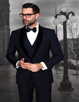 Encore-V Men's Modern Fit 1 button Navy Tuxedo with Black Velvet Lapel $199