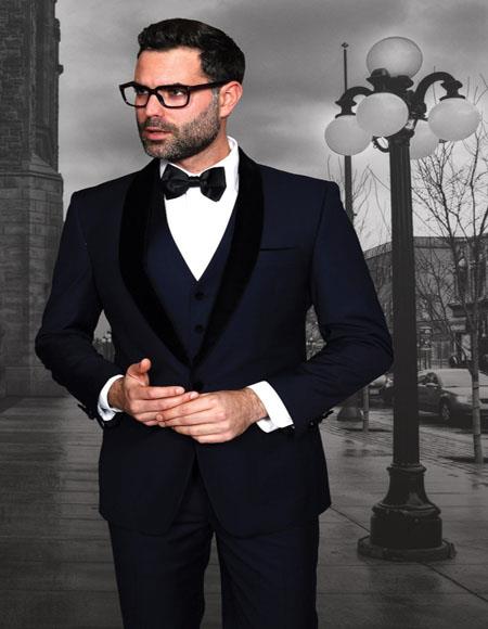 Encore-V Men's Modern Fit 1 button Navy Tuxedo with Black Velvet Lapel $199