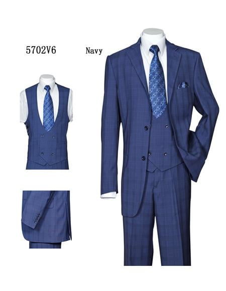 Men's Dark Navy Plaid ~ Windowpane Vested Suit