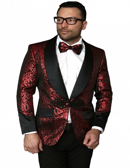 Red Color paisley Floral Satin Shiny Fashion Blazer paisley Jacket Dinner Jacket Sport Coat Flashy Stage Fancy Party Prom