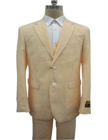 Men's  Notch Label Orange Colour Summer Seersucker Fabric Vested 3 Piece Suit