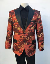 Men'S Red And Gold Floral Patterns Flap Front Pockets Two Buttons Blazer