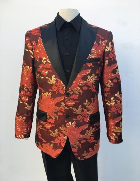 Men'S Red And Gold Floral Patterns Flap Front Pockets Two Buttons Blazer