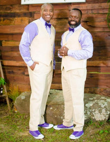 Men's Four Button Line Vest & Pants Tan Sand Suit - Mens Linen Suit