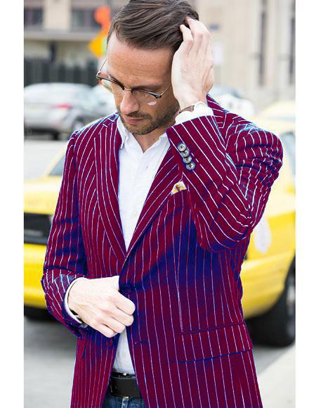 Men's Dark Burgundy and White Pinstripe Two Button Blazer