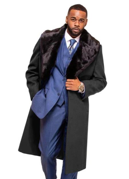 Charcoal Grey Overcoat ~ Long Men's Dress Topcoat -  Winter coat With Fur Collar in and Fabric