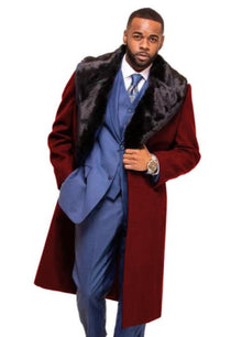 Burgundy Overcoat ~ Long Men's Dress Topcoat -  Winter coat With Fur Collar in and Fabric