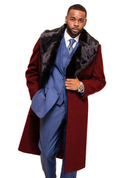 Burgundy Overcoat ~ Long Men's Dress Topcoat - Winter coat With Fur Collar in and Fabric