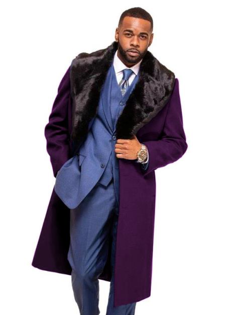 Purple Overcoat ~ Long Men's Dress Topcoat - Winter coat With Fur Collar in and Fabric