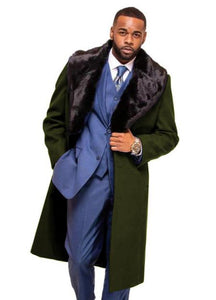 Dark Olive Overcoat ~ Long Men's Dress Topcoat - Winter coat With Fur Collar in and Fabric