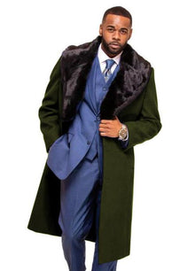 Dark Olive Overcoat ~ Long Men's Dress Topcoat -  Winter coat With Fur Collar in and Fabric