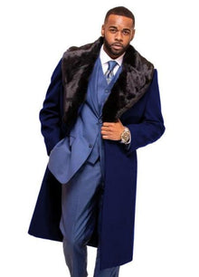 Dark Navy Blue Overcoat ~ Long Men's Dress Topcoat -  Winter coat With Fur Collar in and Fabric