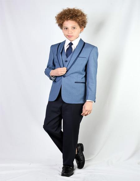 Blue Textured Pattern Shawl Lapel Suit For Mens