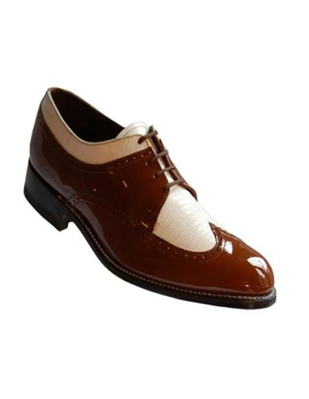 Stacy Baldwin Men's Wide Eee Width Wingtip Two Toned Dress All Leather 1920's Gangster Vintage Style Oxfords Brown and White Shoe