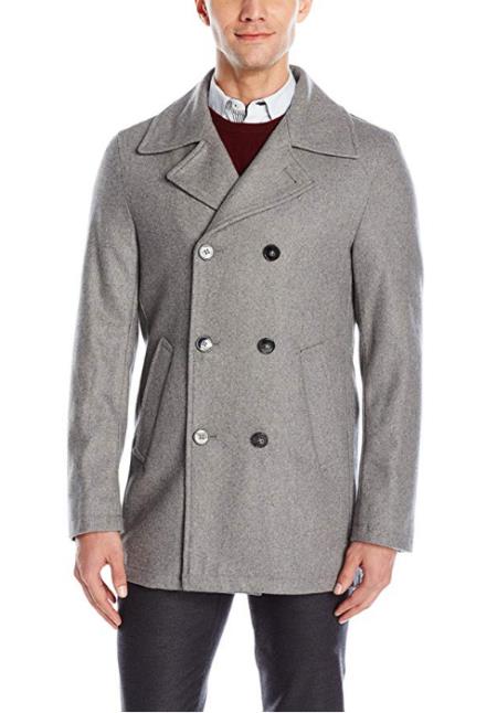 Men's Light Grey ~ Wine Six Button Welt Slash Pockets  Wool Coat