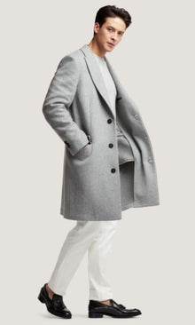 Men'S Light Grey ~ Wine Peak Lapel Two Flap Front Pockets Men'S Carcoat - Car Coat Mid Length Three Quarter Length Coat