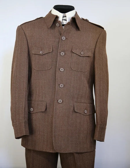 High Collar Suits With Safari Pocket Pleated Pants Coffee