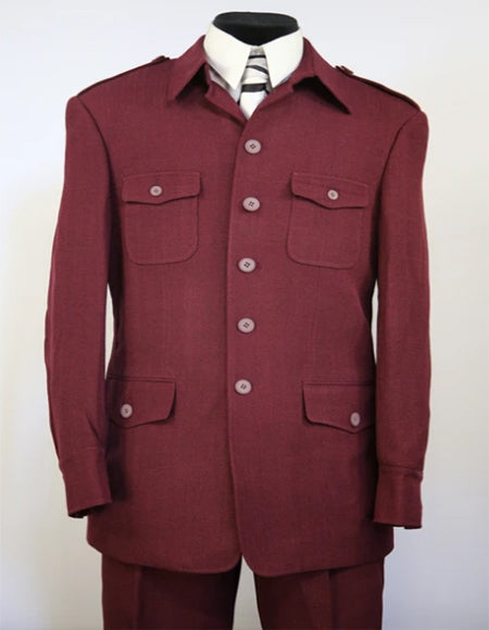 High Collar Suits With Safari Pocket Pleated Pants Wine