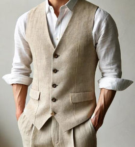 Five Button Besom pocket Men's Tan Chambray Slim Fit Suit Separates Vest