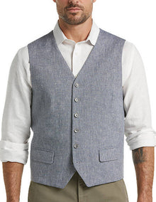 Five Button Flap pocket Men's Blue Linen Suit Separates Vest
