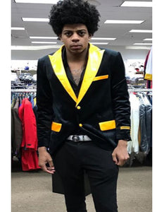 Men's Prom Wedding Blazer Black Velvet With Gold Lapel