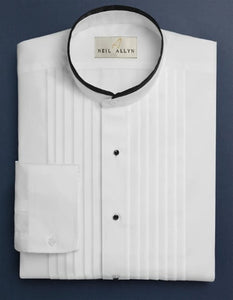 White Pleated Mandarin Tuxedo Collarless Dress Shirts