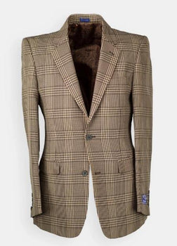 Men's brown checkered blazer with notched lapels