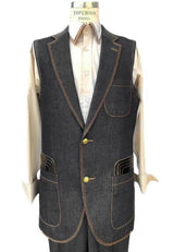 Men's Black Button Fastener Sleeveless Denim Suit