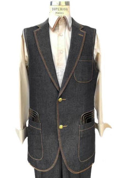 Men's Black Button Fastener Sleeveless Denim Suit