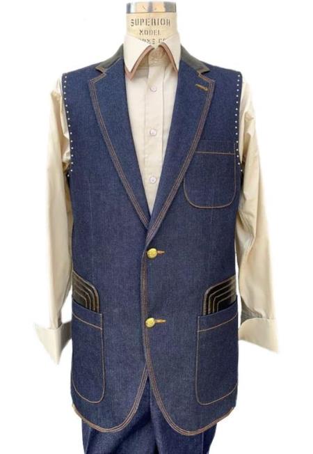 Men's Navy Button Fastener Sleeveless Denim Suit