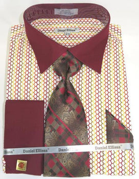 Mens Fashion Dress Shirts and Ties Burgundy Multi Colorful Men's Dress Shirt