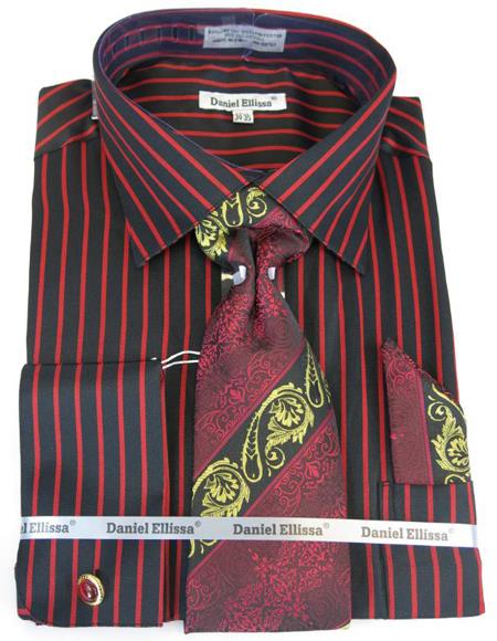 Mens Fashion Dress Shirts and Ties Black-Red Pinstripe Colorful Men's