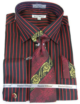 Mens Fashion Dress Shirts and Ties Black-Red Pinstripe Colorful Men's Dress Shirt