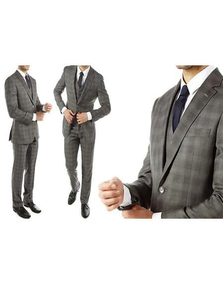Ultra Slim Fit Gray With Tint of Blue Plaid Suit - Grey Windowpane Vested Light Weight Suit