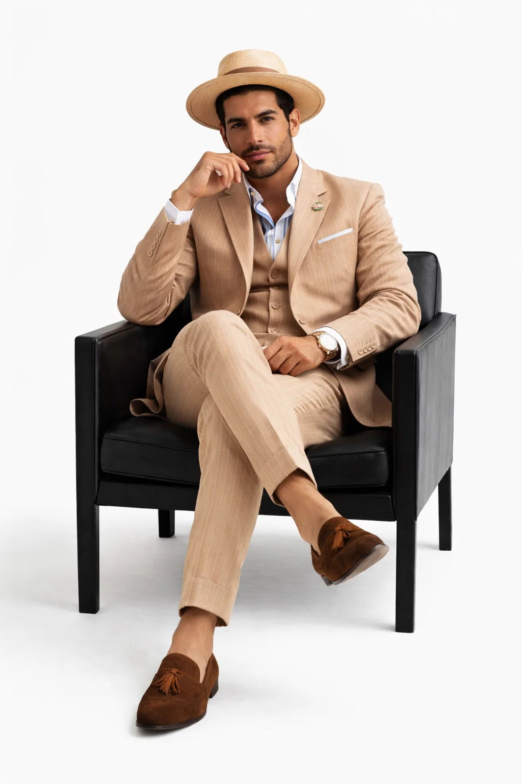 Mens Bronze - Tan Pinstripe - Camel Double Breasted Pinstripe Suit - Flat Front Pants - Image 3